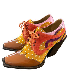 NEW John Fluevog Dali Orange Contrast Western Lace Up Suede Heeled Shoes M6/W8